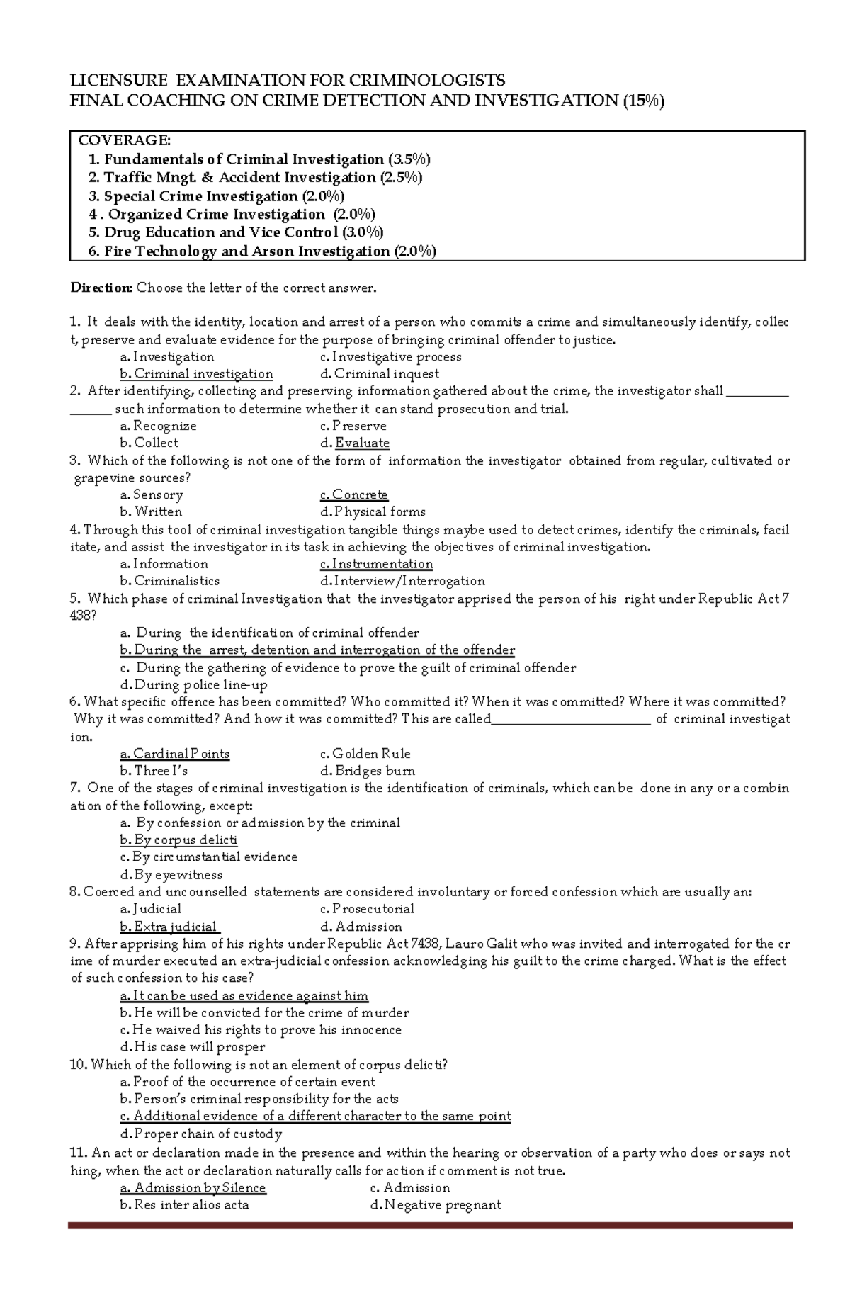 LICENSURE EXAMINATION FOR CRIMINOLOGISTS FINAL COACHING: CRIME ...