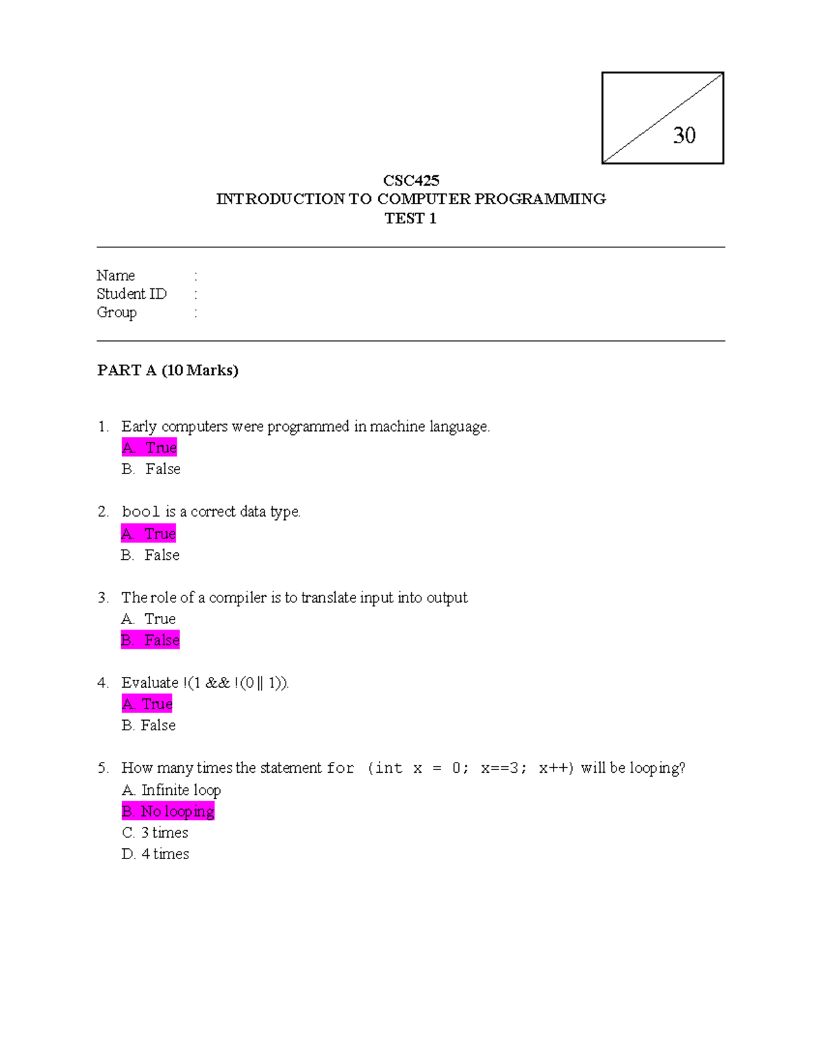 CSC425 Introduction to Computer Programming Test 1 Answers - Studocu