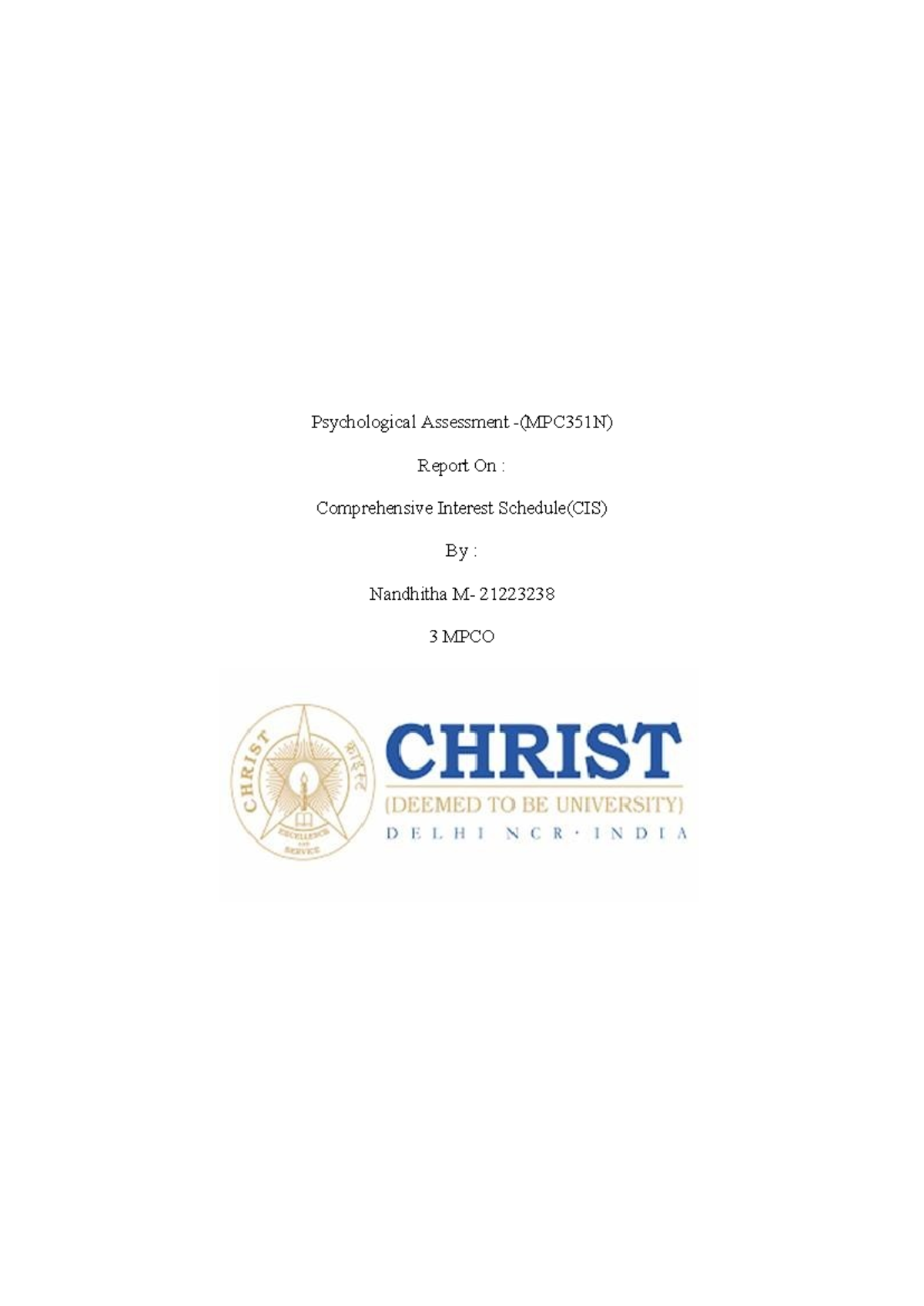 CIS 21223238 - Psychological Assessment -(MPC351N) Report On ...
