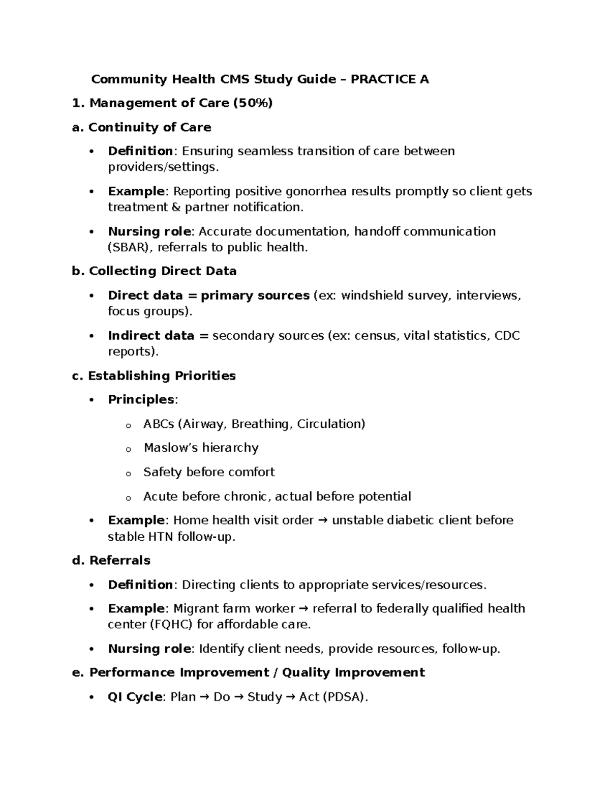 Community Health CMS Study Guide: Management of Care & Safety - Studocu