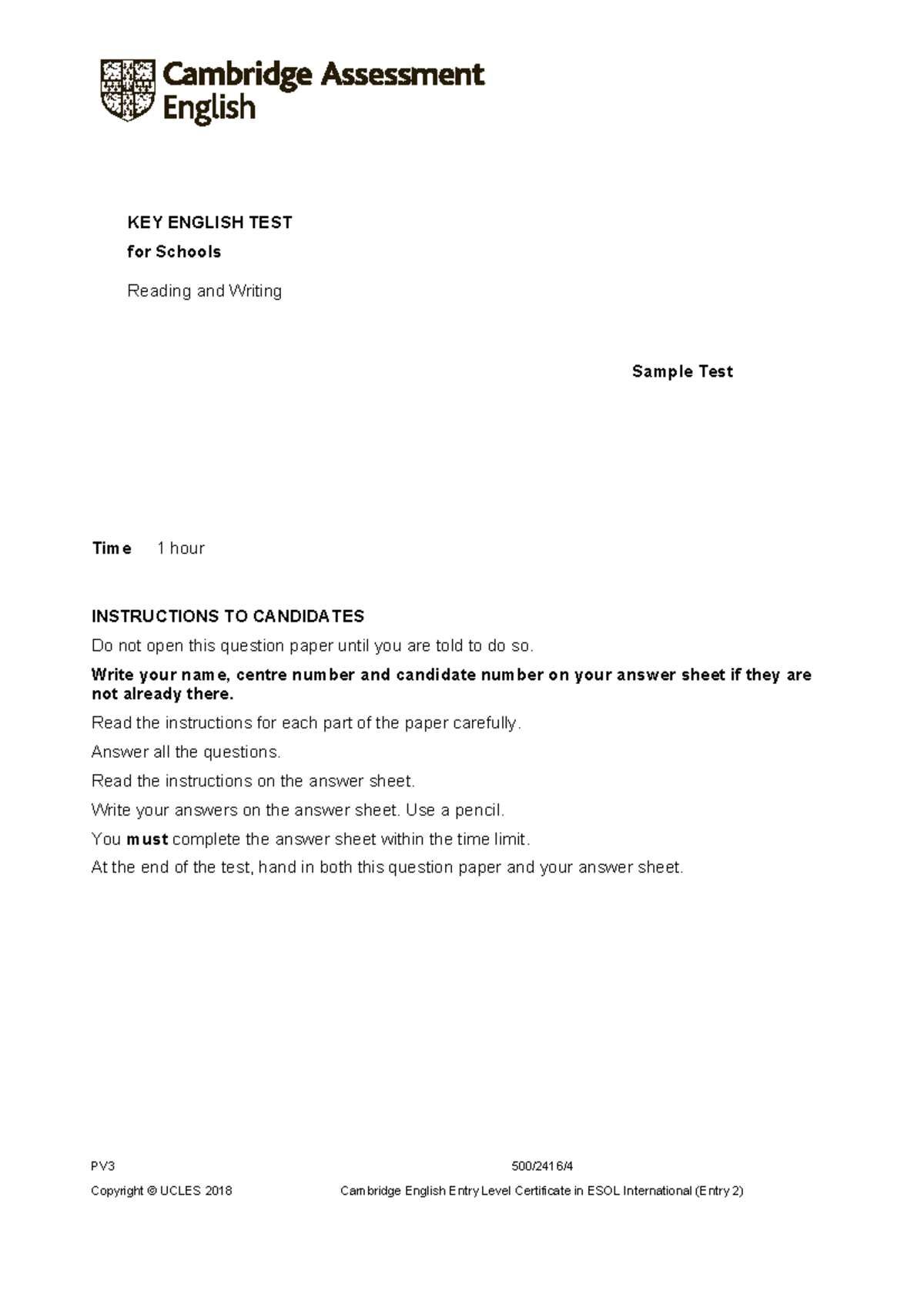 A2 Key for Schools 2020 Sample Reading & Writing Test Questions - Studocu