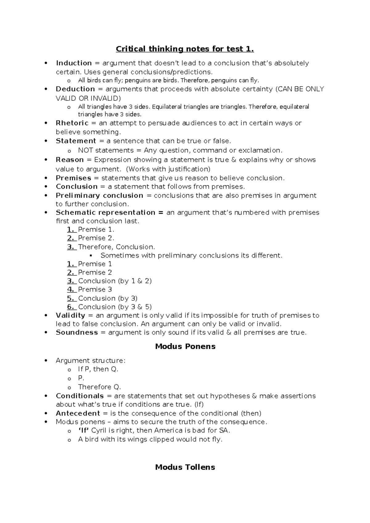 Critical Thinking Notes for Test 1: Induction and Deduction Arguments ...