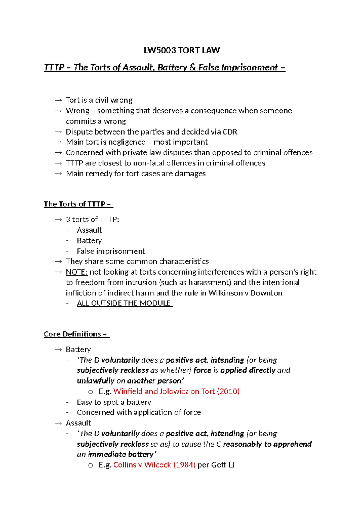 LW5003 TORT LAW: Understanding Assault, Battery & False Imprisonment ...