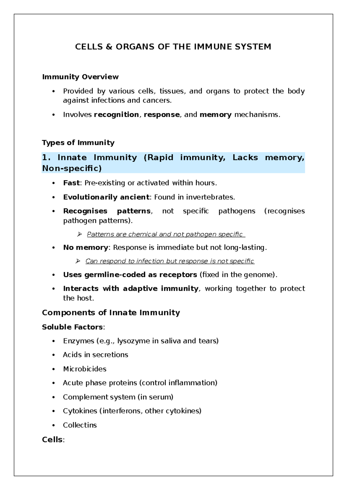 Cells Immunity Overview: Lecture 1 Notes on Infection & Defense - Studocu