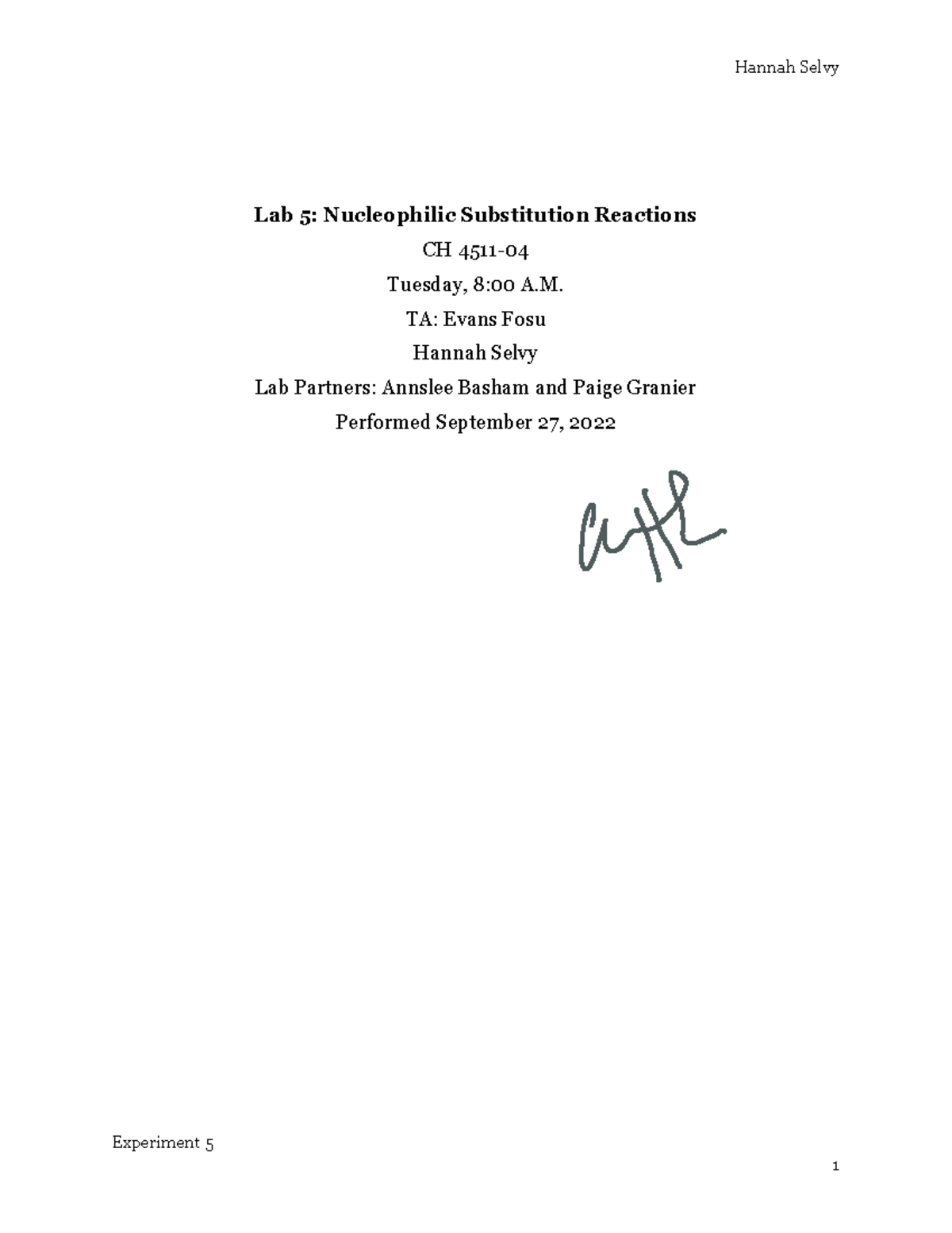 Lab 5 Final Report: Nucleophilic Substitution Reactions (CH 4511) - Studocu