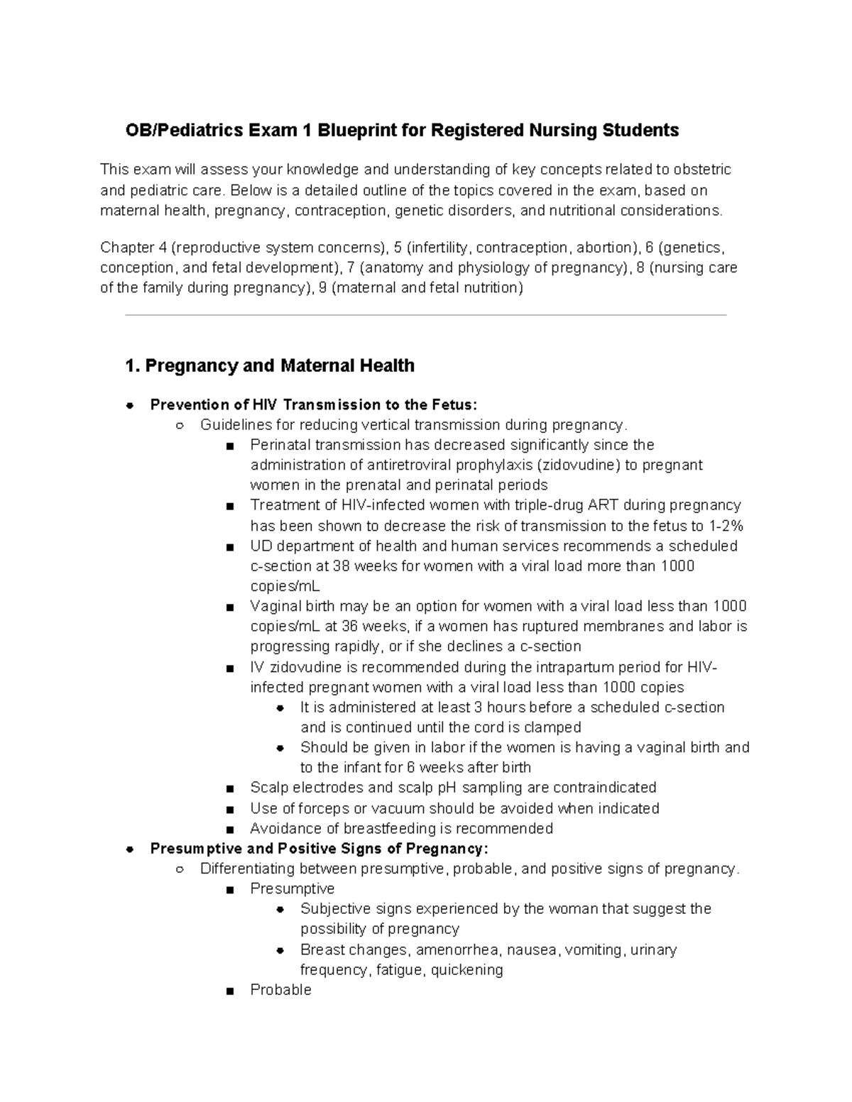 OB Pediatrics Exam 1 Blueprint - Below is a detailed outline of the ...