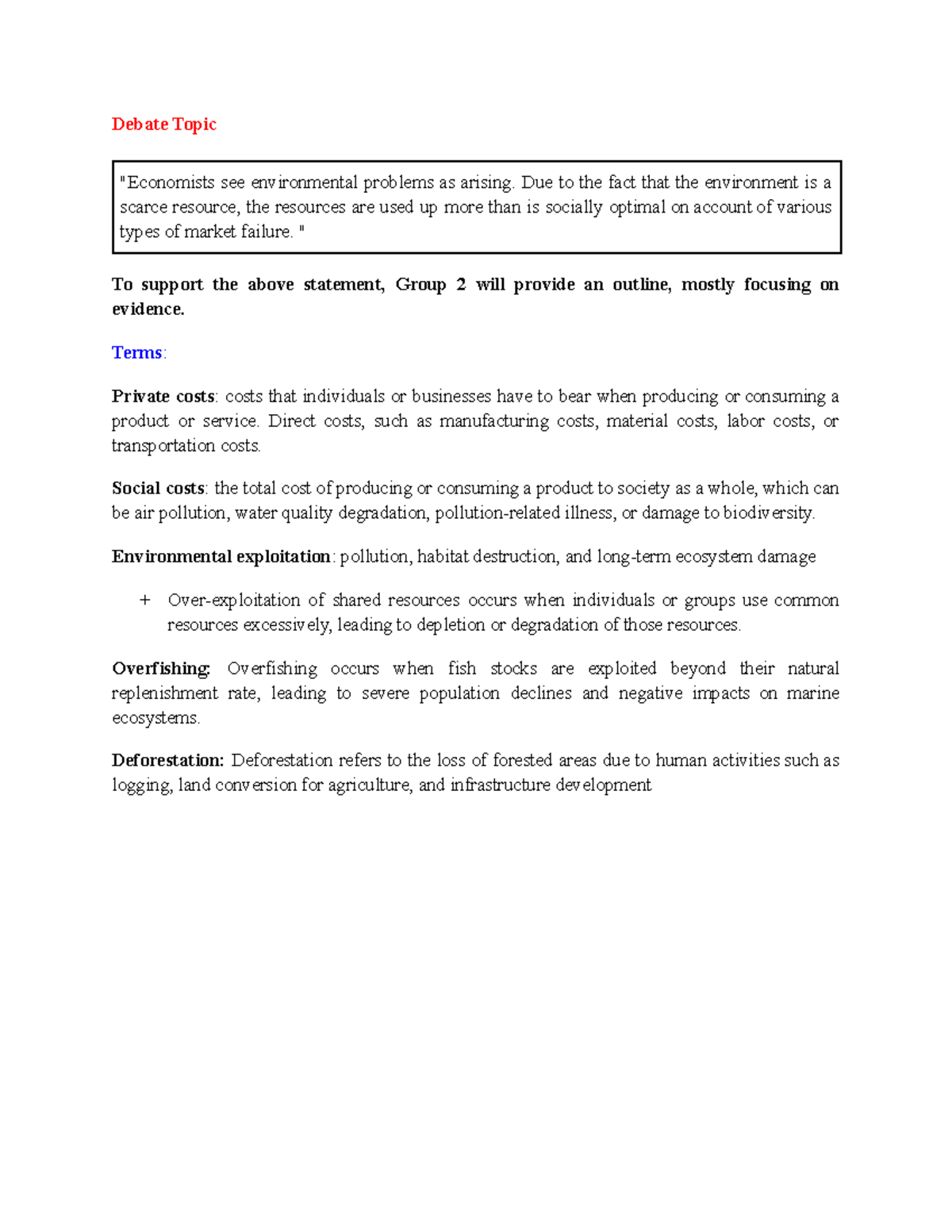 Debate Outline: Environmental Problems and Market Failures - Studocu