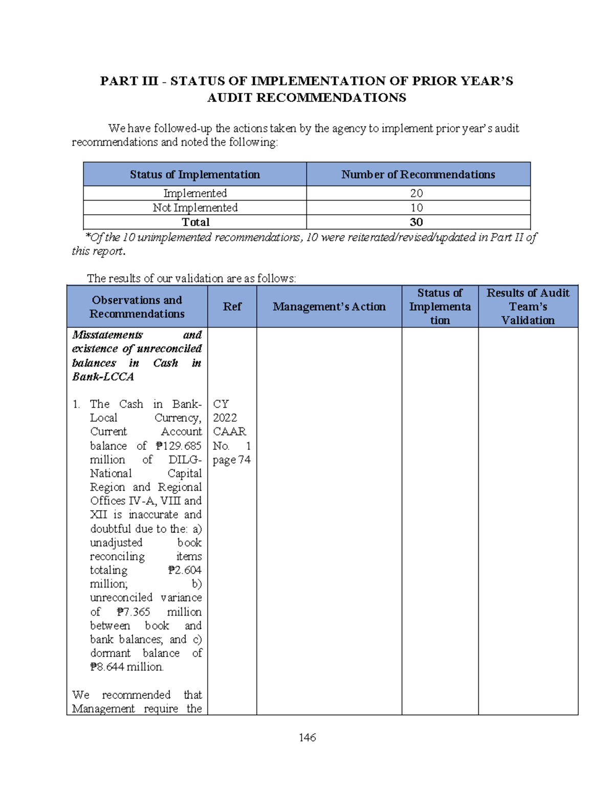 10-DILG2023 Part 3: Status of Prior Year Audit Recommendations - Studocu
