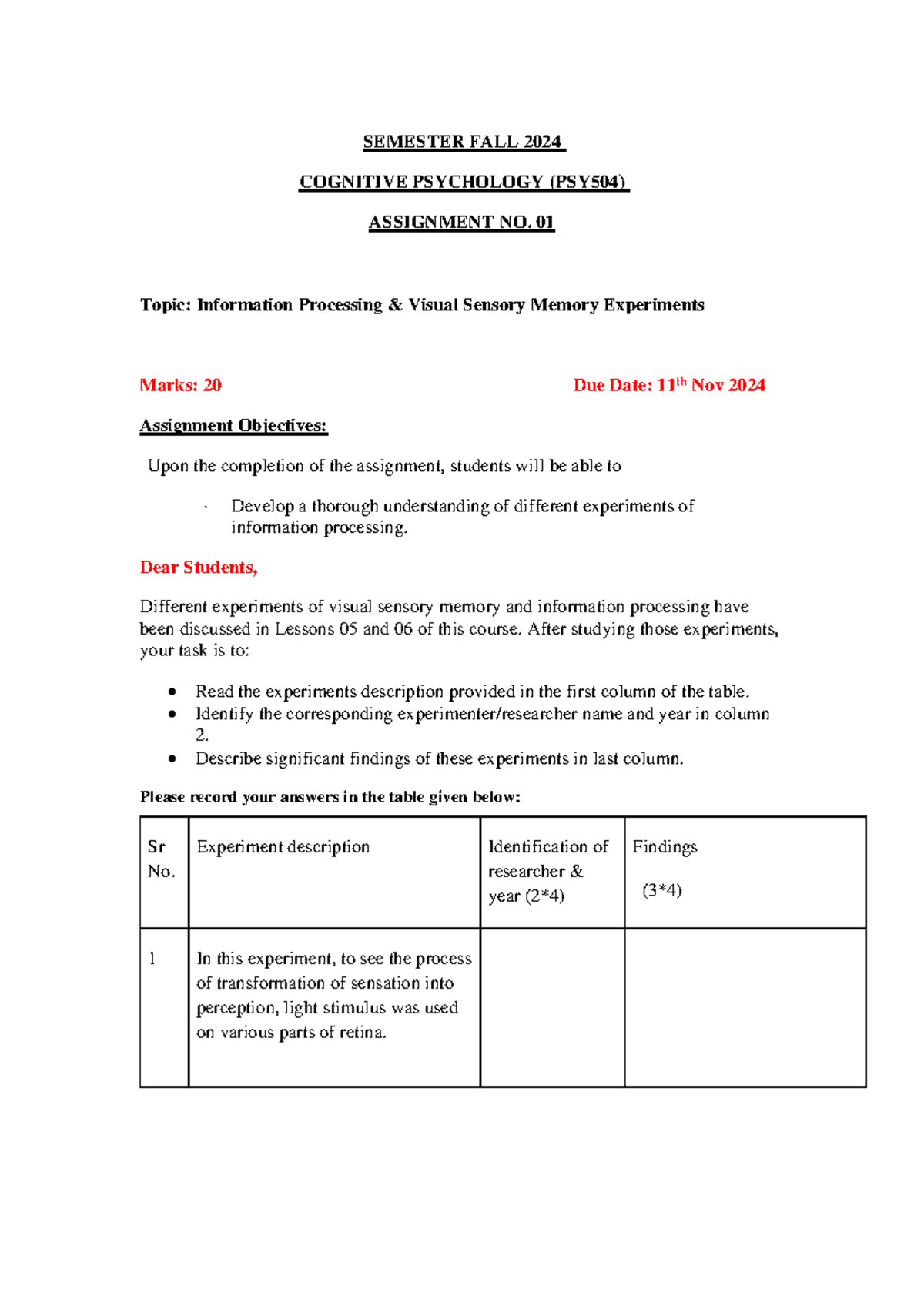 Fall 2024 PSY504 - Cognitive Psychology Assignment 01 Details - Studocu