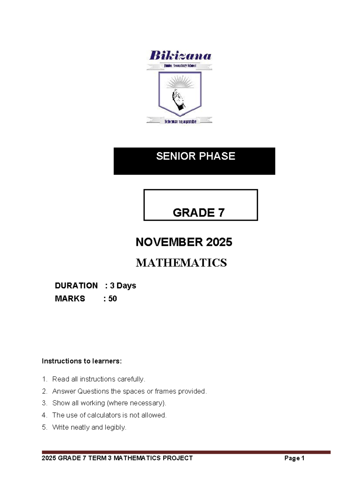 Grade 7 Mathematics Project - Term 3 2025 - Studocu