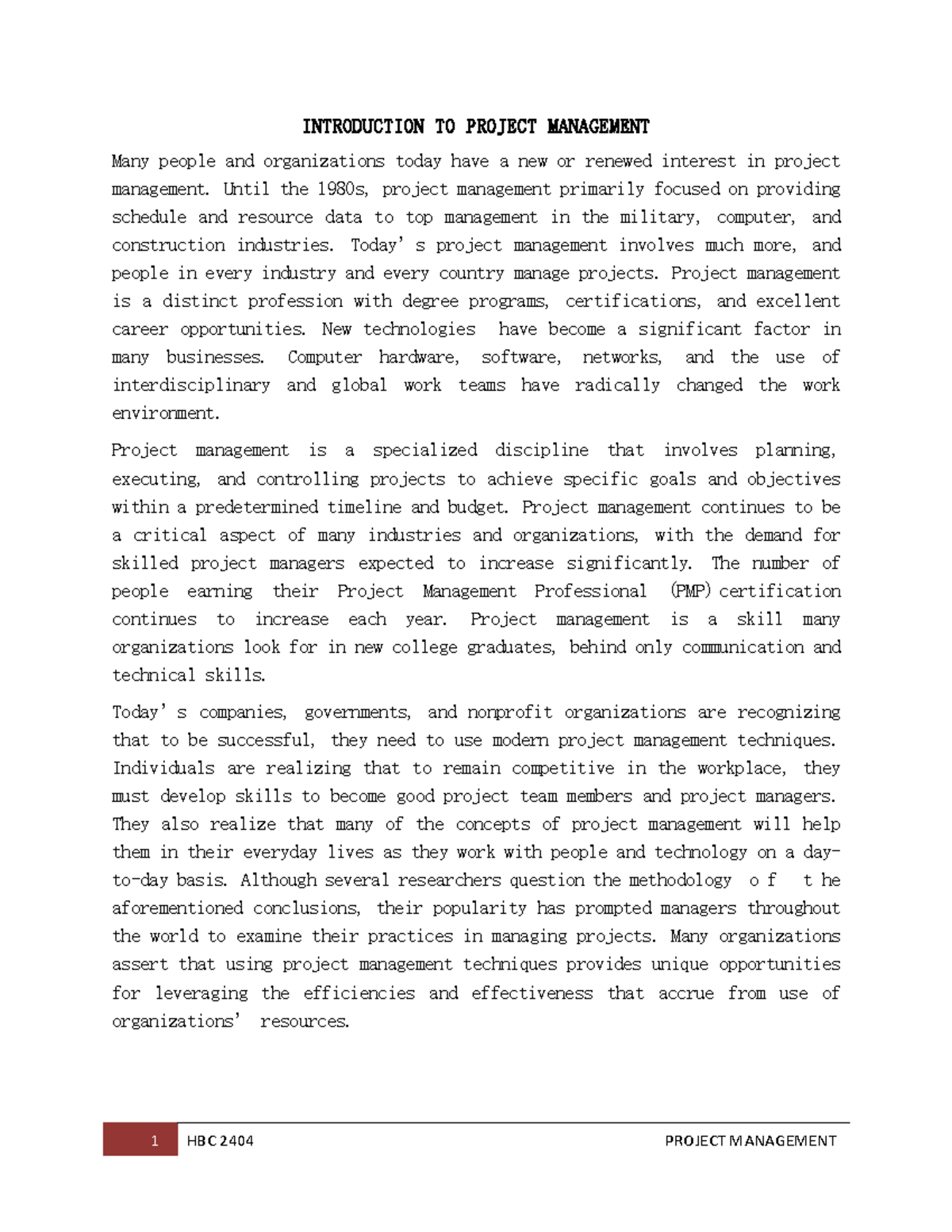 Week One - lecture notice - INTRODUCTION TO PROJECT MANAGEMENT Many ...