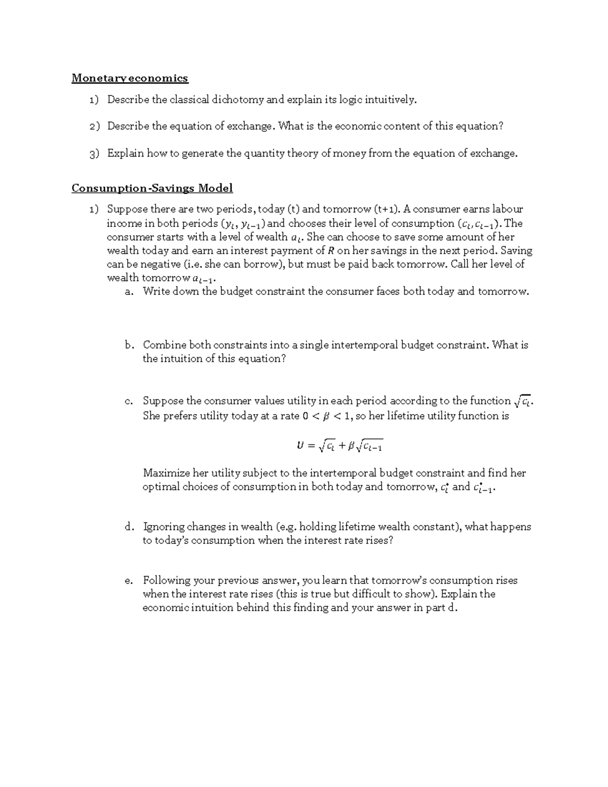 Week 1 - Tutorial Problem Set - ECO202 Review - Monetary economics ...