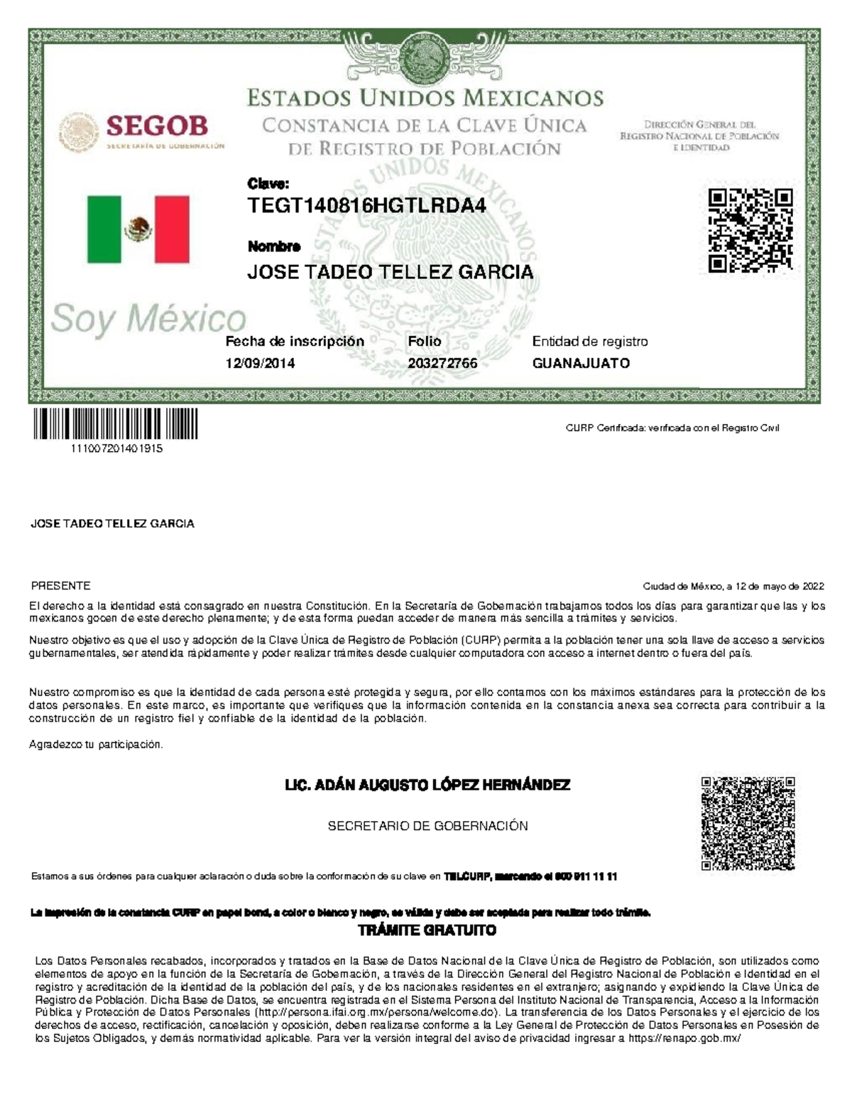 CURP - Editable Color PDF Template for Mexico (Free Access) - Document Preview