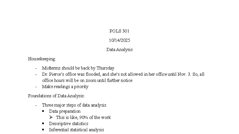 POLS 301 Data Analysis: Midterm Review Notes on Key Concepts - Studocu