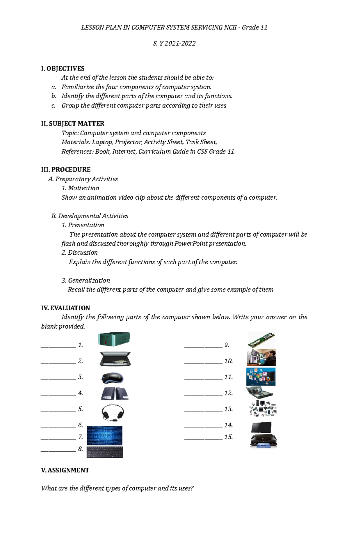 Lesson Plan on Computer System Servicing CSS 11&12 - Studocu