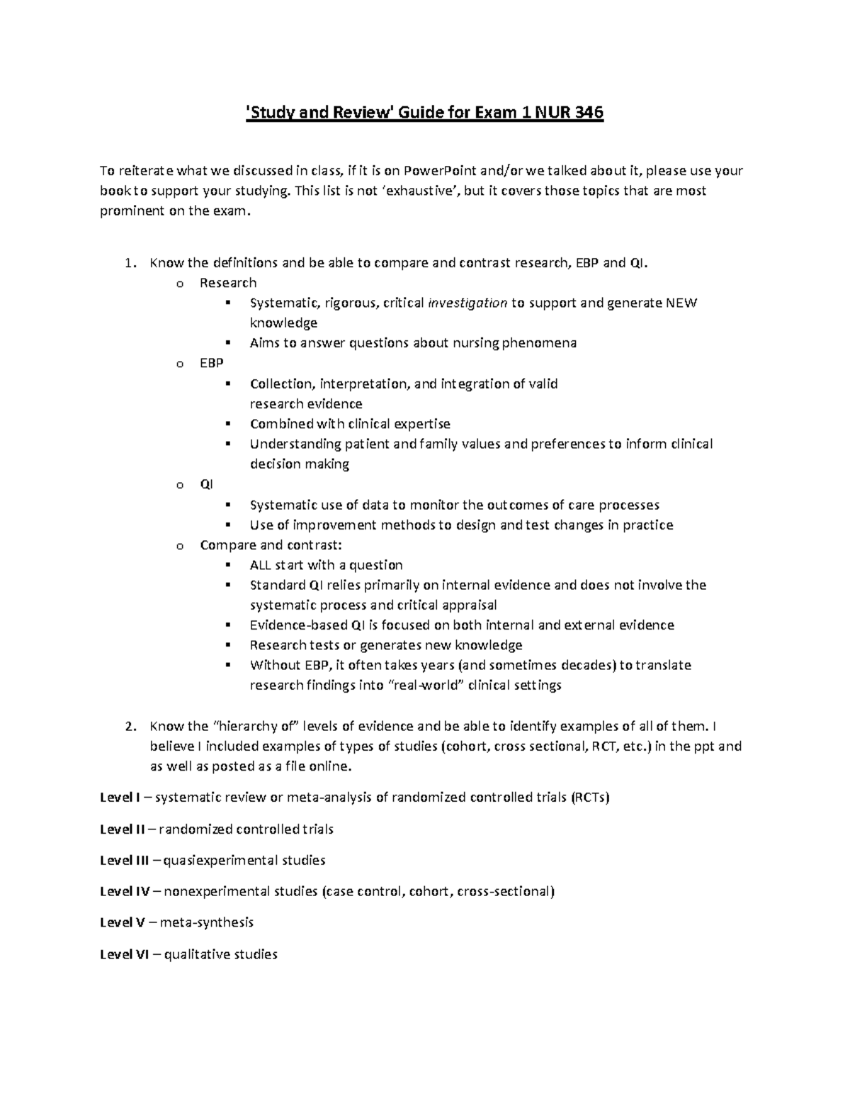 NUR346 Exam 1 Study Guide - 'Study and Review' Guide for Exam 1 NUR 346 ...