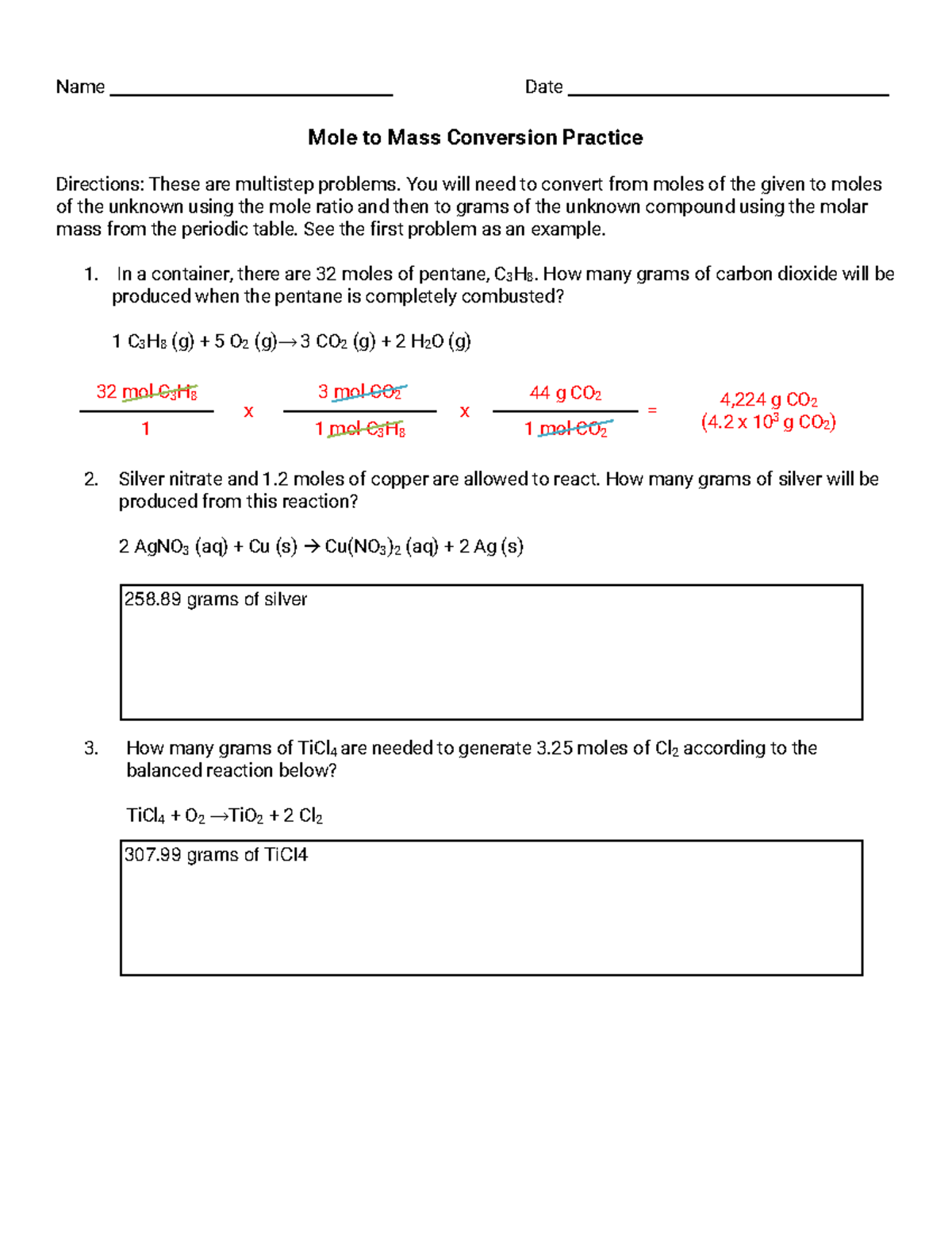 Mole Conversion Worksheet Key