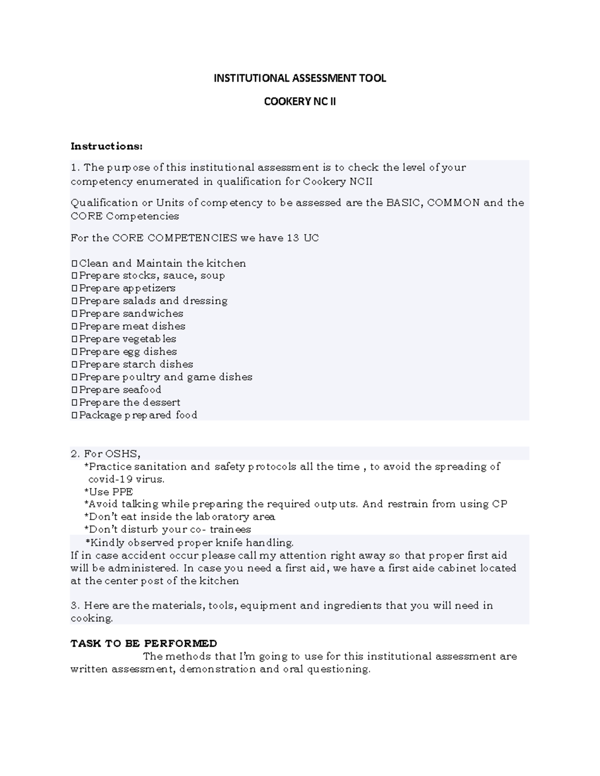 Cookery NC II Institutional Assessment Tool: Competency Evaluation ...