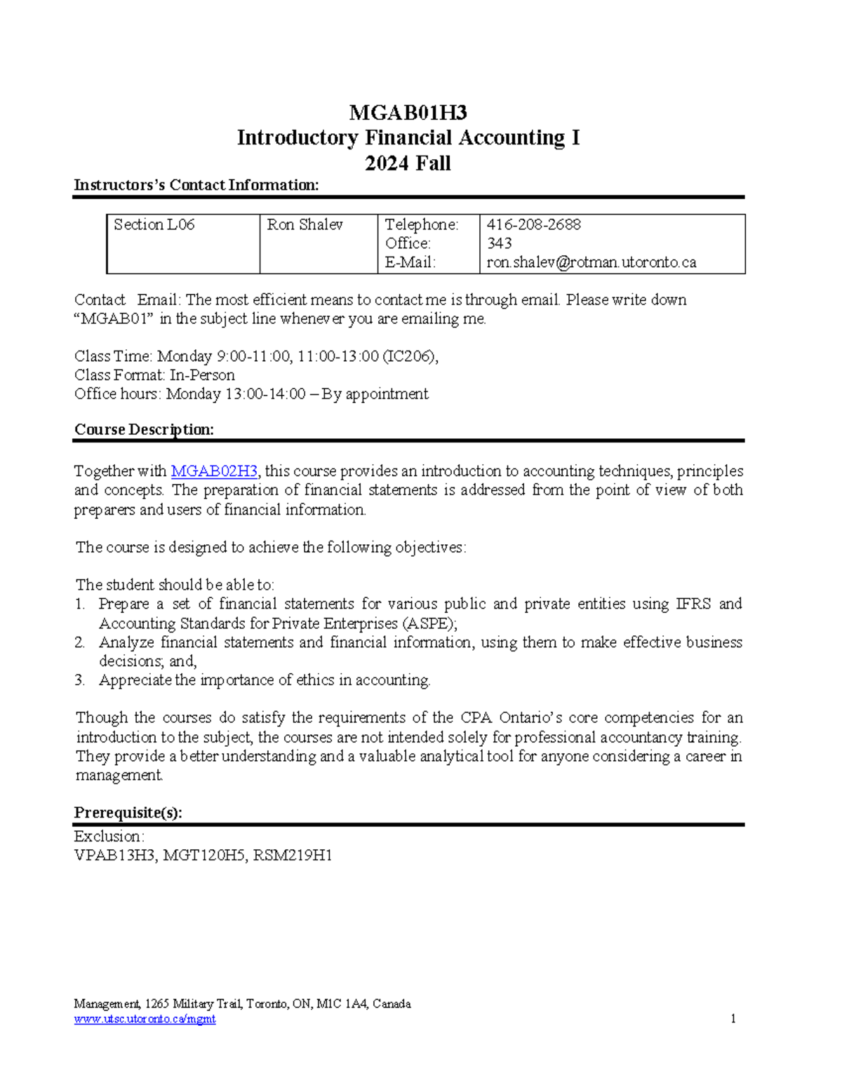 MGAB01H Course Outline: Intro to Financial Accounting I - Fall 2024 ...