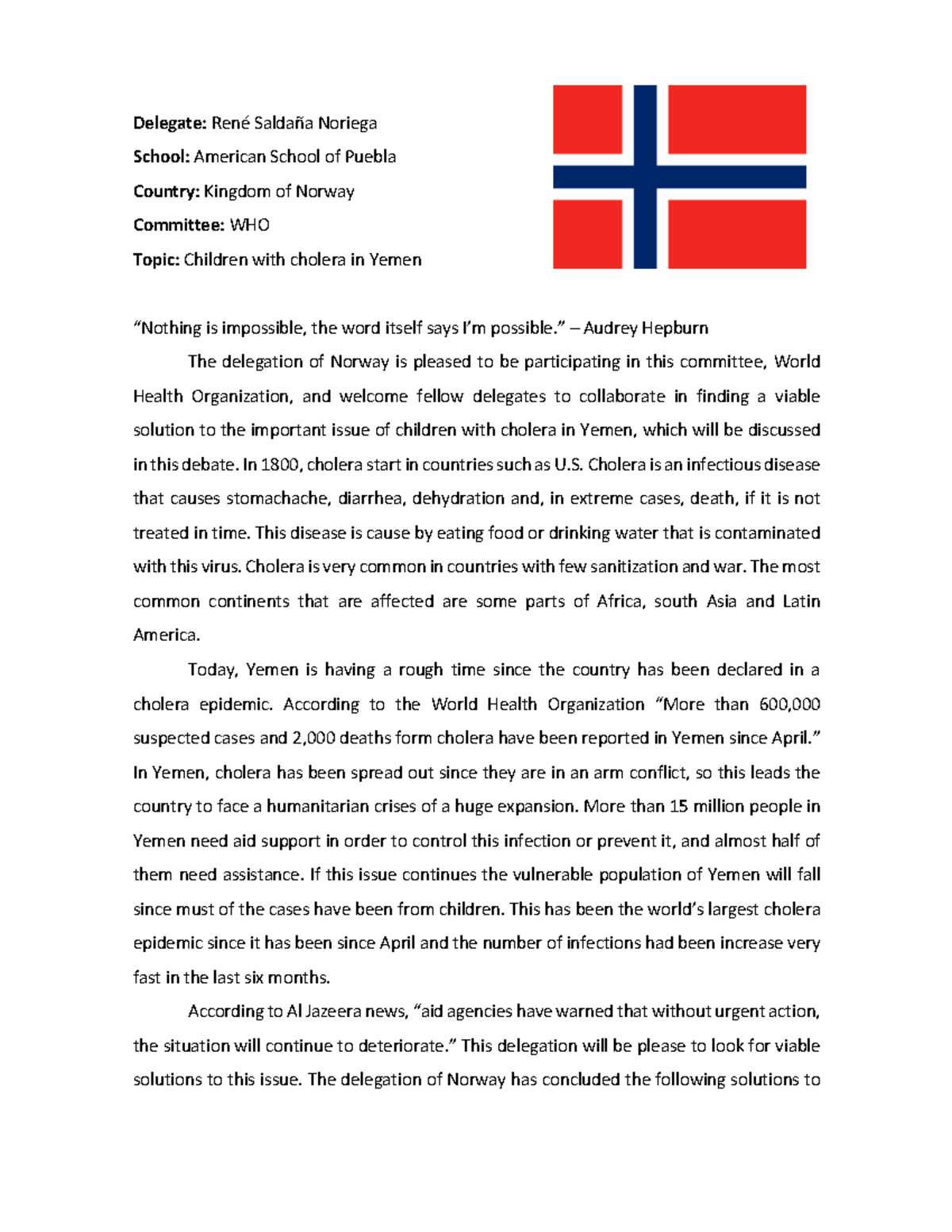 Position Paper: Norway's Response to Cholera Crisis in Yemen (WHO ...