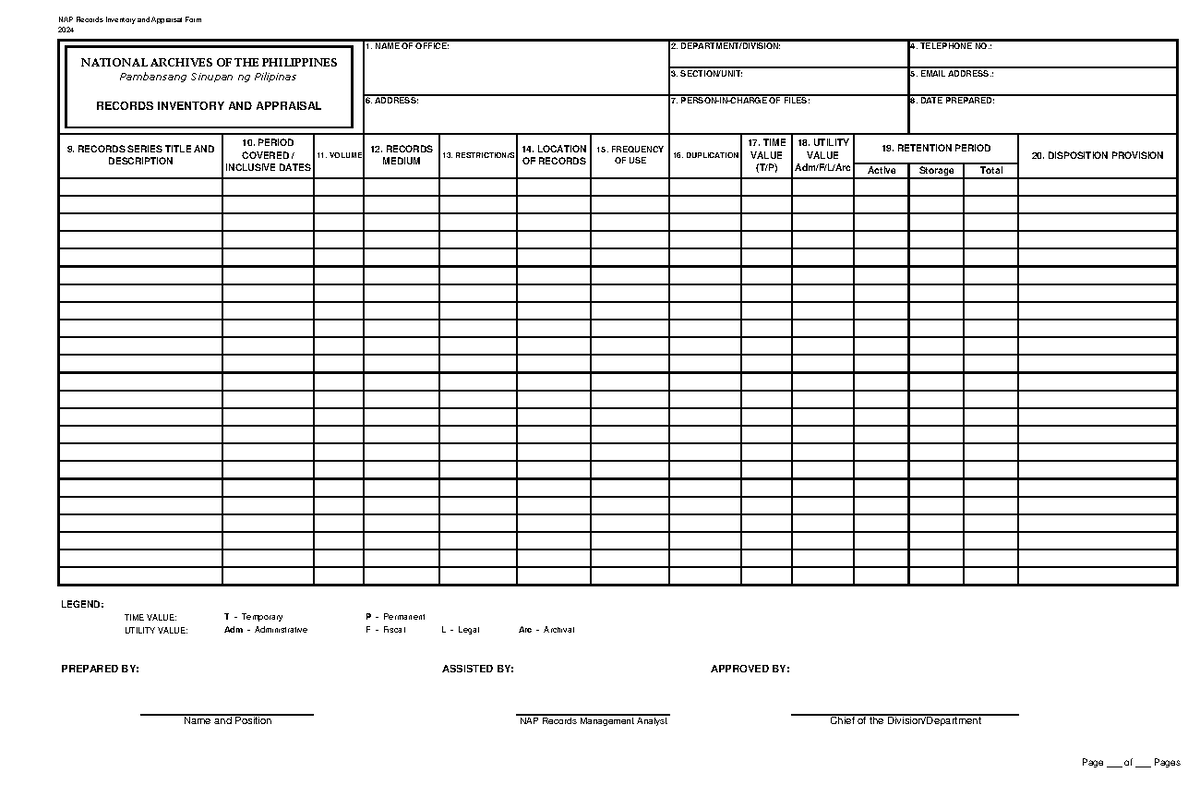 NAP Records Inventory and Appraisal Form 2024 - Studocu