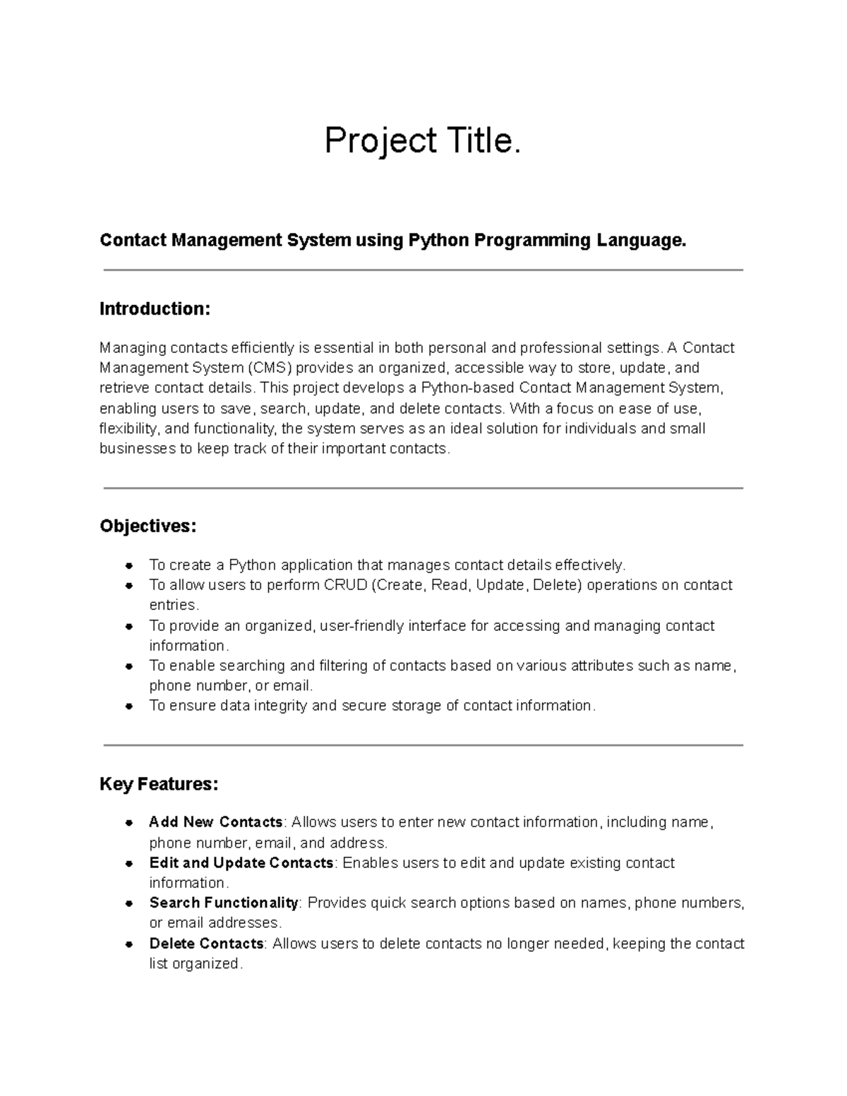 Contact Management System (CMS) Synopsis using Python Programming - Studocu