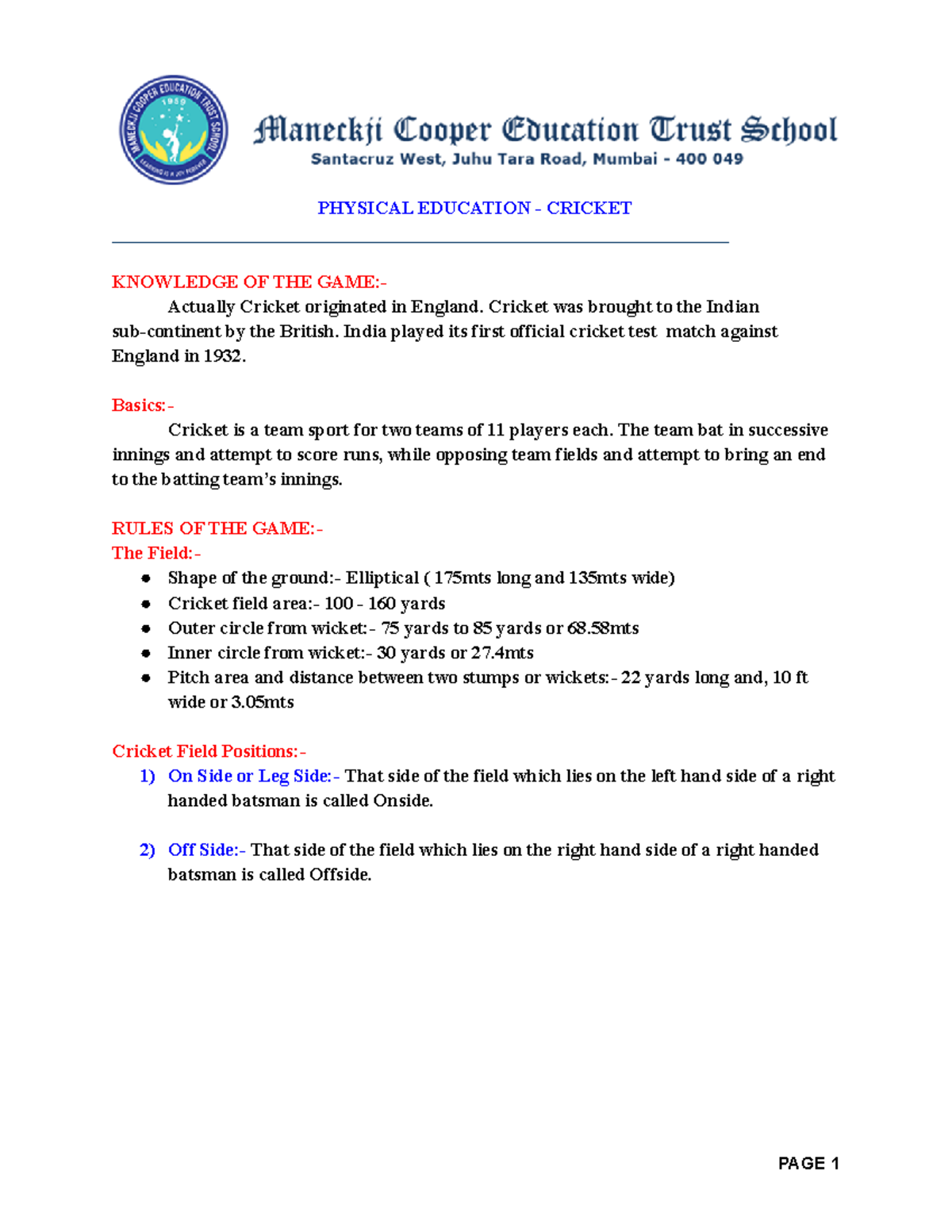 Std. X Cricket Full Chapter Notes - PHYSICAL EDUCATION - CRICKET - Studocu