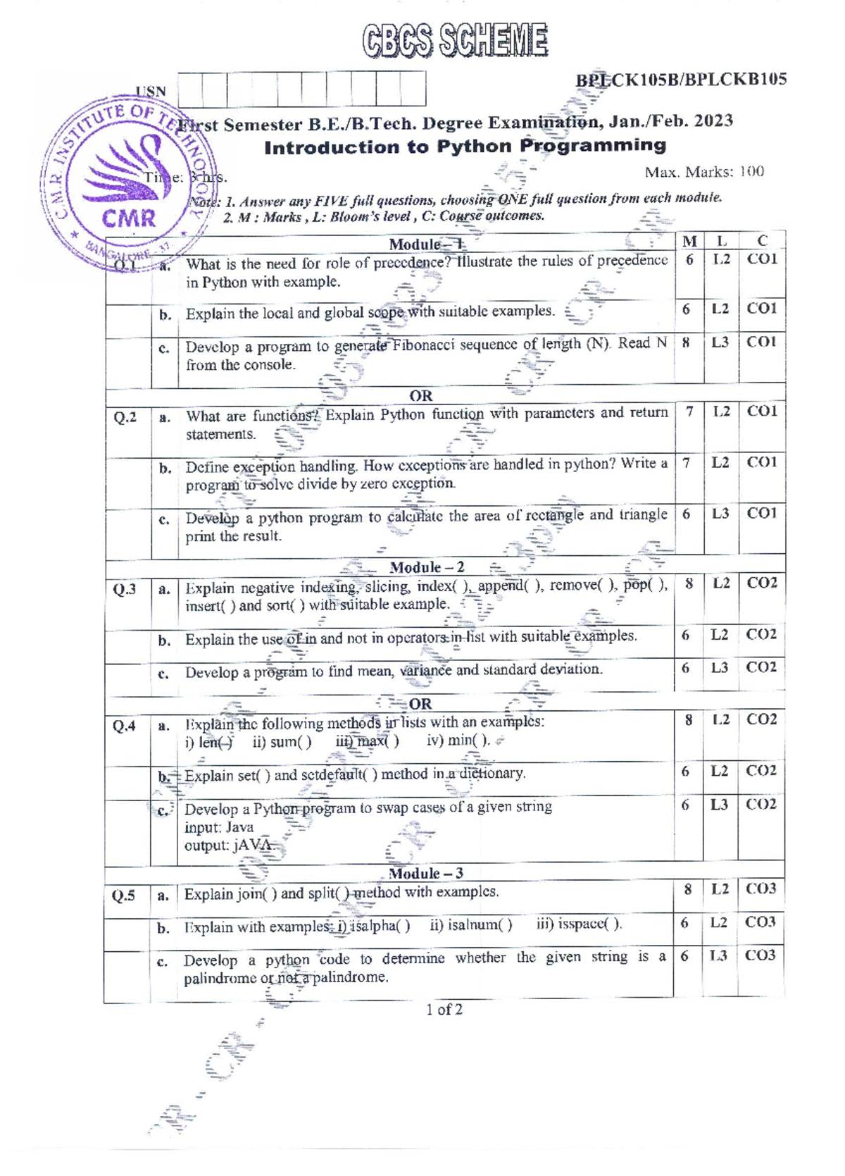 VTU QP Bplck 105B: Intro to Python Programming Jan-Feb 2023 - Studocu