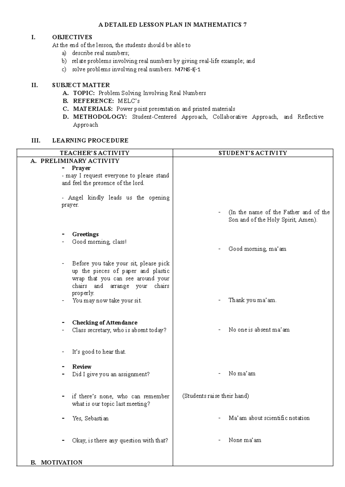 A Detailed Lesson PLAN IN Mathematics 7 - A DETAILED LESSON PLAN IN ...