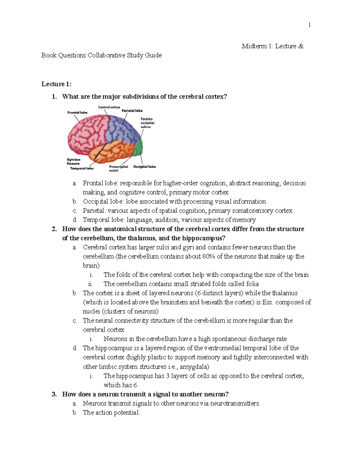 Midterm 1: Comprehensive Collaborative Study Guide for Neuroscience ...
