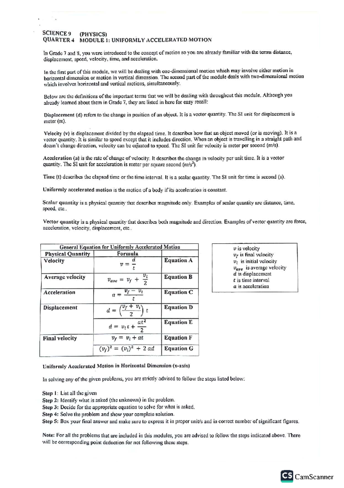 SCIENCE 9 (PHYSICS) MODULE 1: UNIFORMLY ACCELERATED MOTION - Studocu