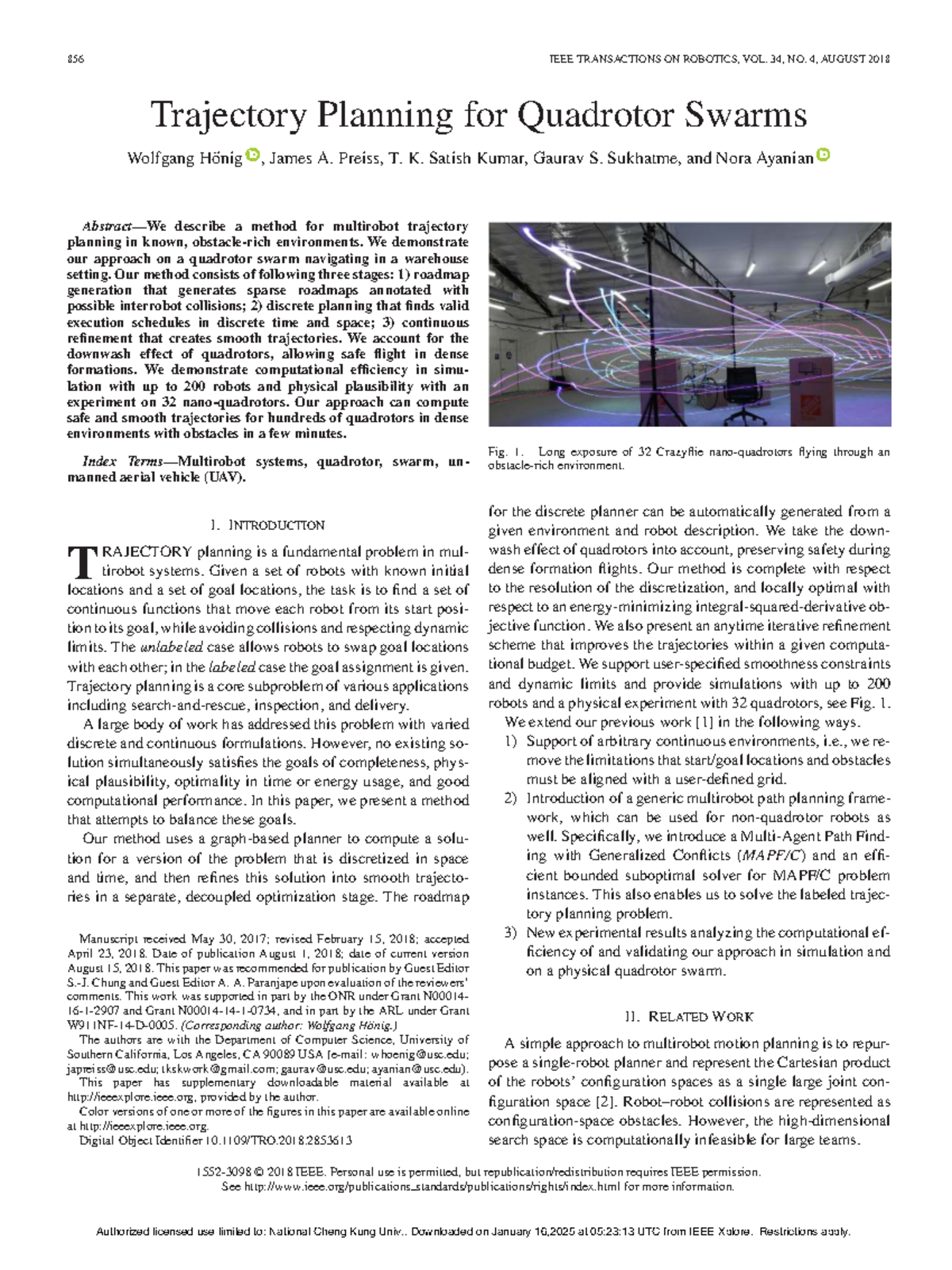 2018 Trajectory Planning for Quadrotor Swarms - 856 IEEE TRANSACTIONS ...