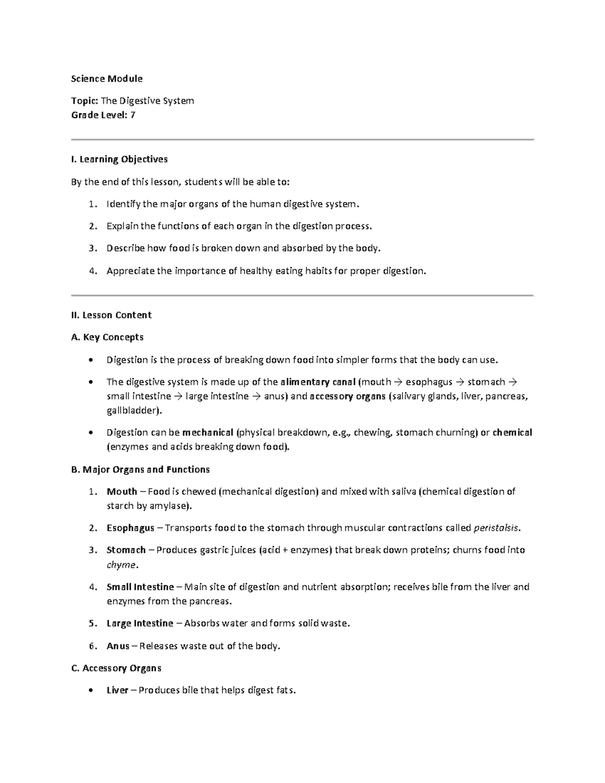 Science Module: The Digestive System - Grade 7 Lesson Overview - Studocu