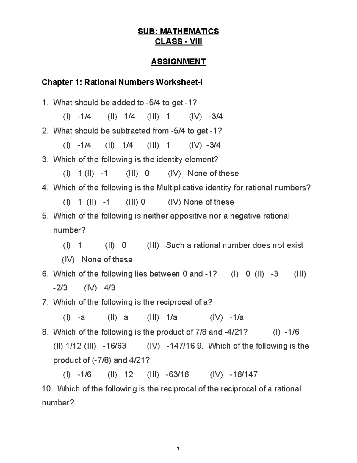 MAT 101: Chapter 1 Assignment on Rational Numbers and Properties - Studocu