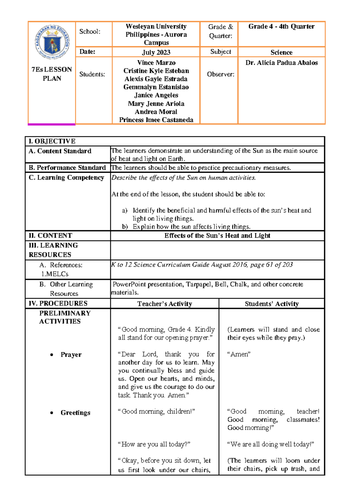 Sci 4 - Detailed 7Es Lesson Plan on Sun's Heat & Light Effects - Studocu