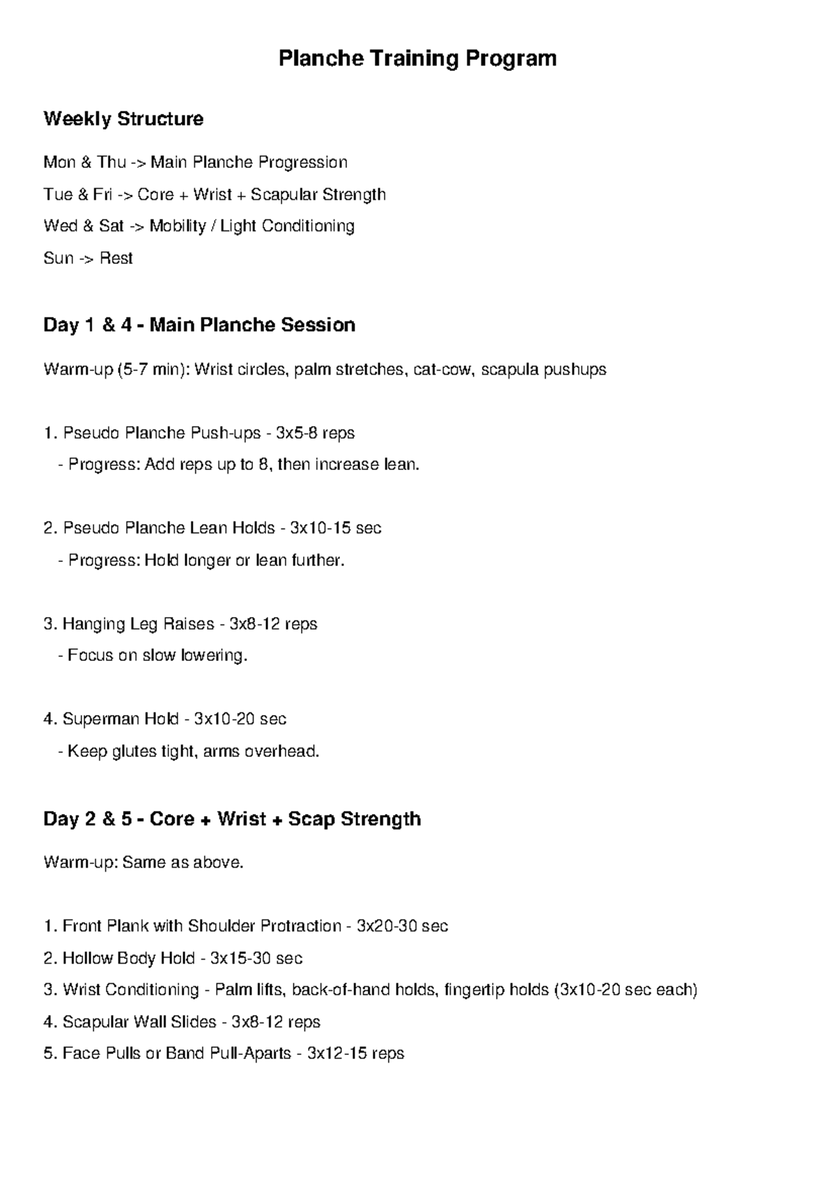 Planche Training Program: Weekly Structure & Progression Guide - Studocu