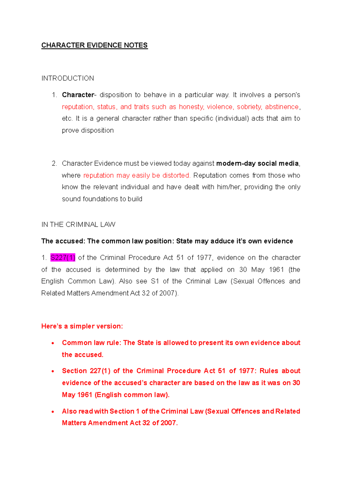 Character Evidence Notes: Understanding Legal Principles in Criminal ...