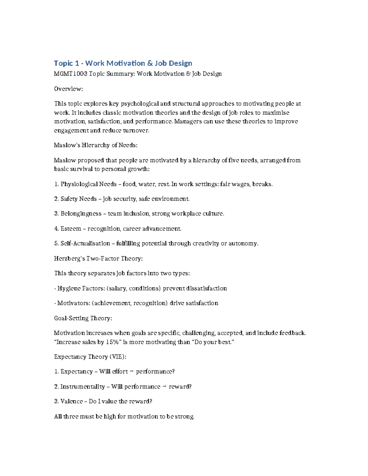 MGMT1003 Final Exam Notes: Work Motivation & Job Design Insights - Studocu