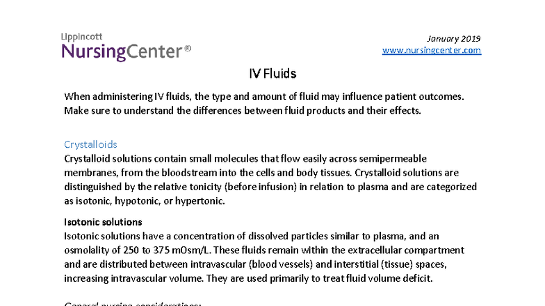 IV Fluids Overview and Nursing Considerations - Jan 2019 - Studocu