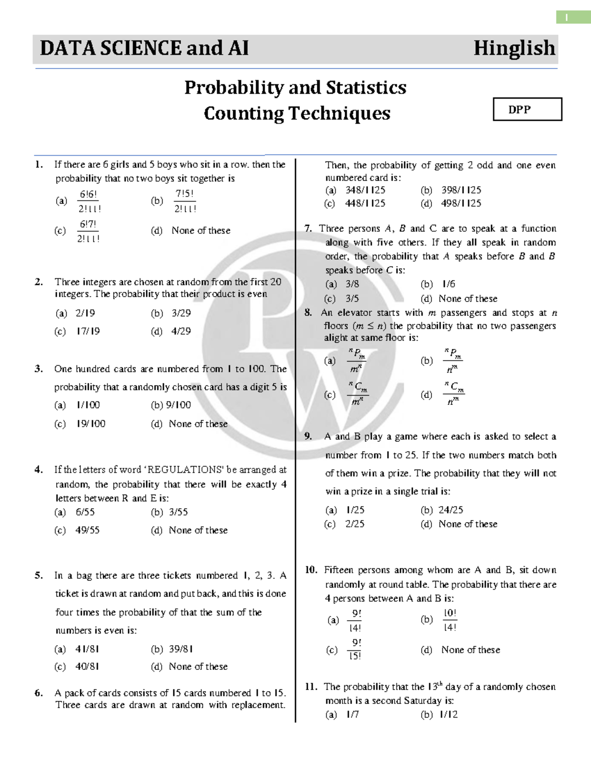 DATA SCIENCE and AI (DPP) Counting Techniques Probability & Statistics ...