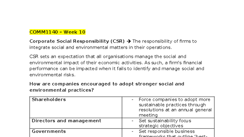 COMM1140 Week 10 Notes on Corporate Social Responsibility (CSR) - Studocu