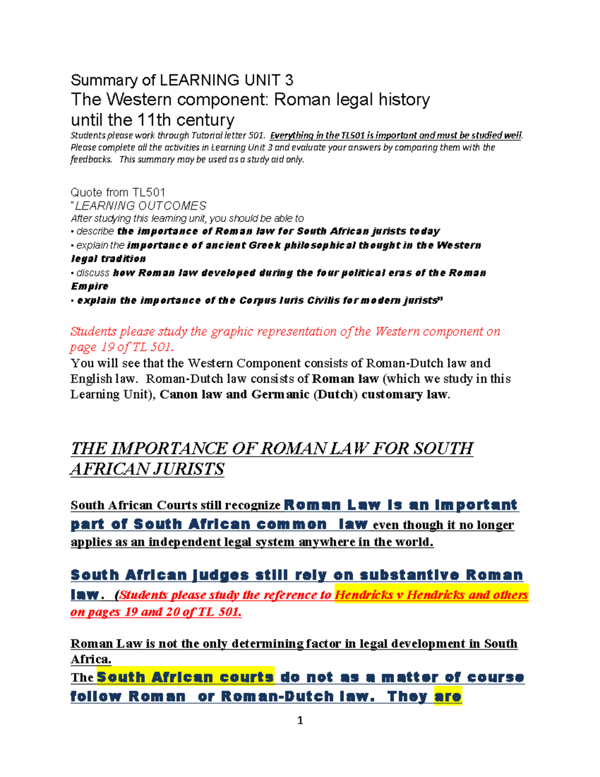 Summary of Learning Unit 3: Roman Legal History & Its Impact on SA Law ...