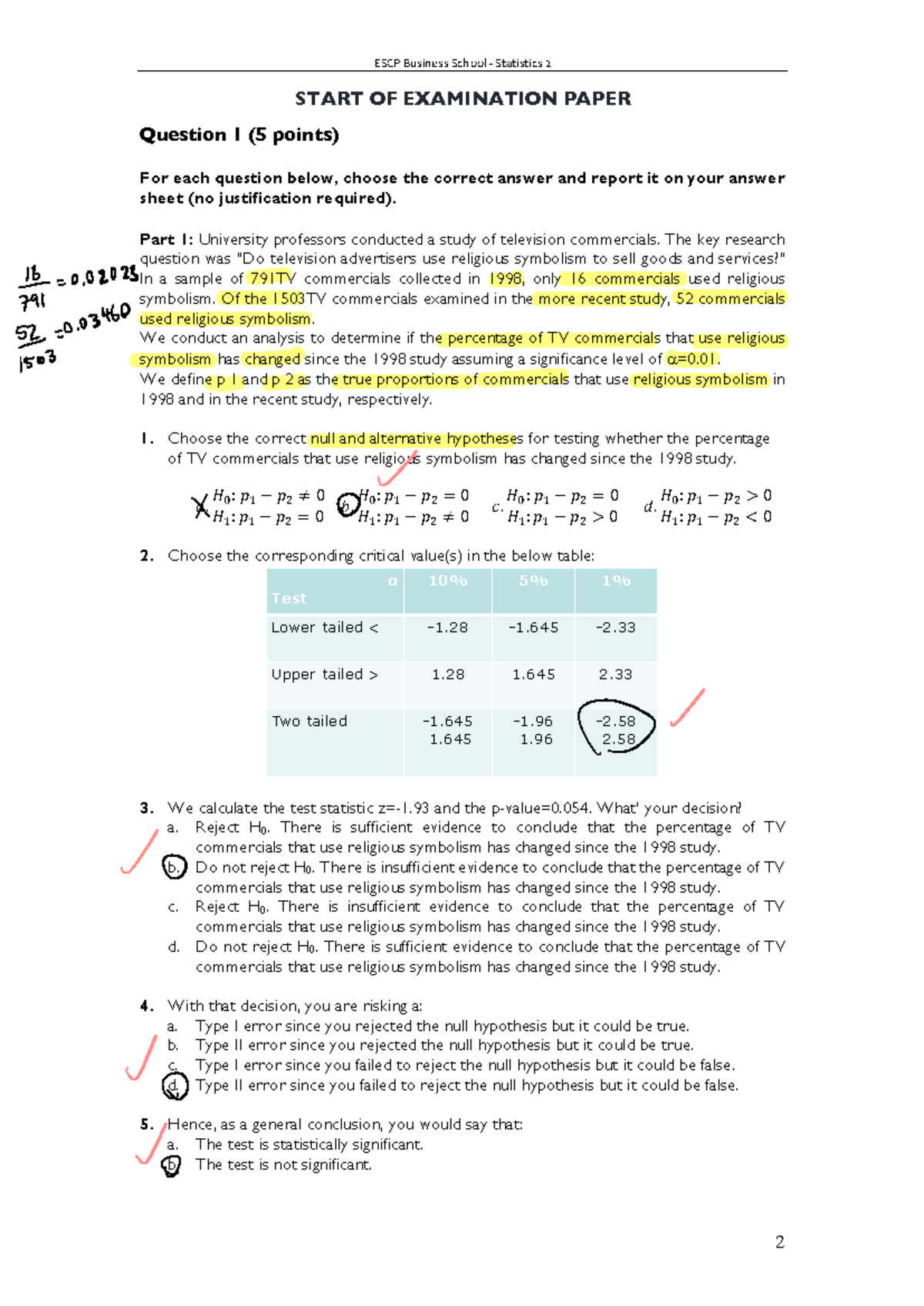 Advanced Statistics 6 - Worked Solutions to Exam Practice Questions ...