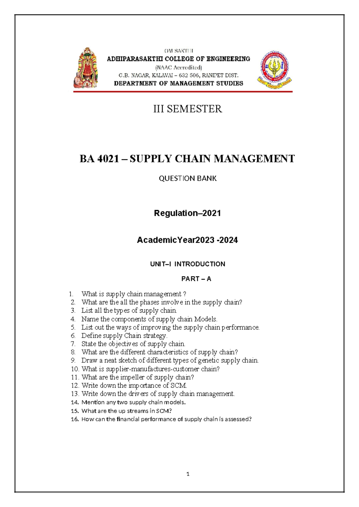 BA 4021 Supply Chain Management Question Bank - 2023 Edition - Studocu