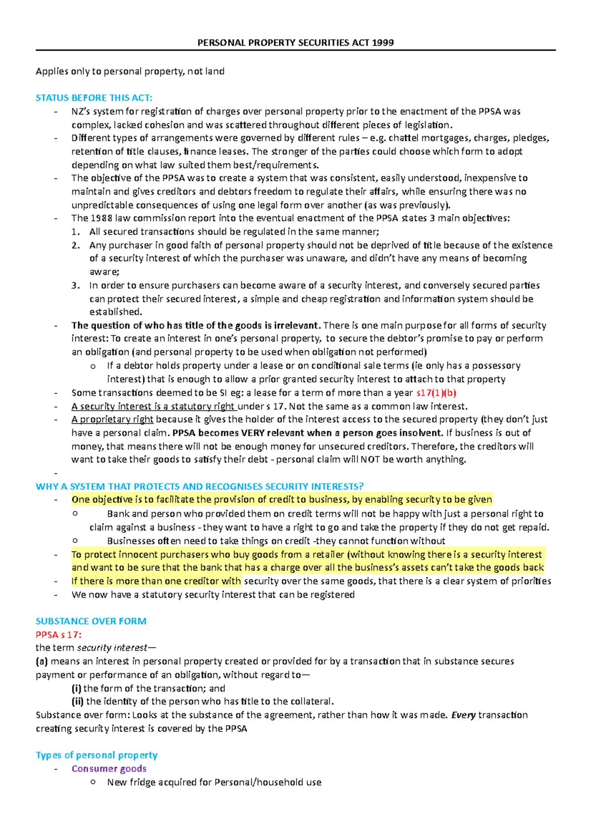 PPSA - Understanding the Personal Property Securities Act 1999 - Studocu