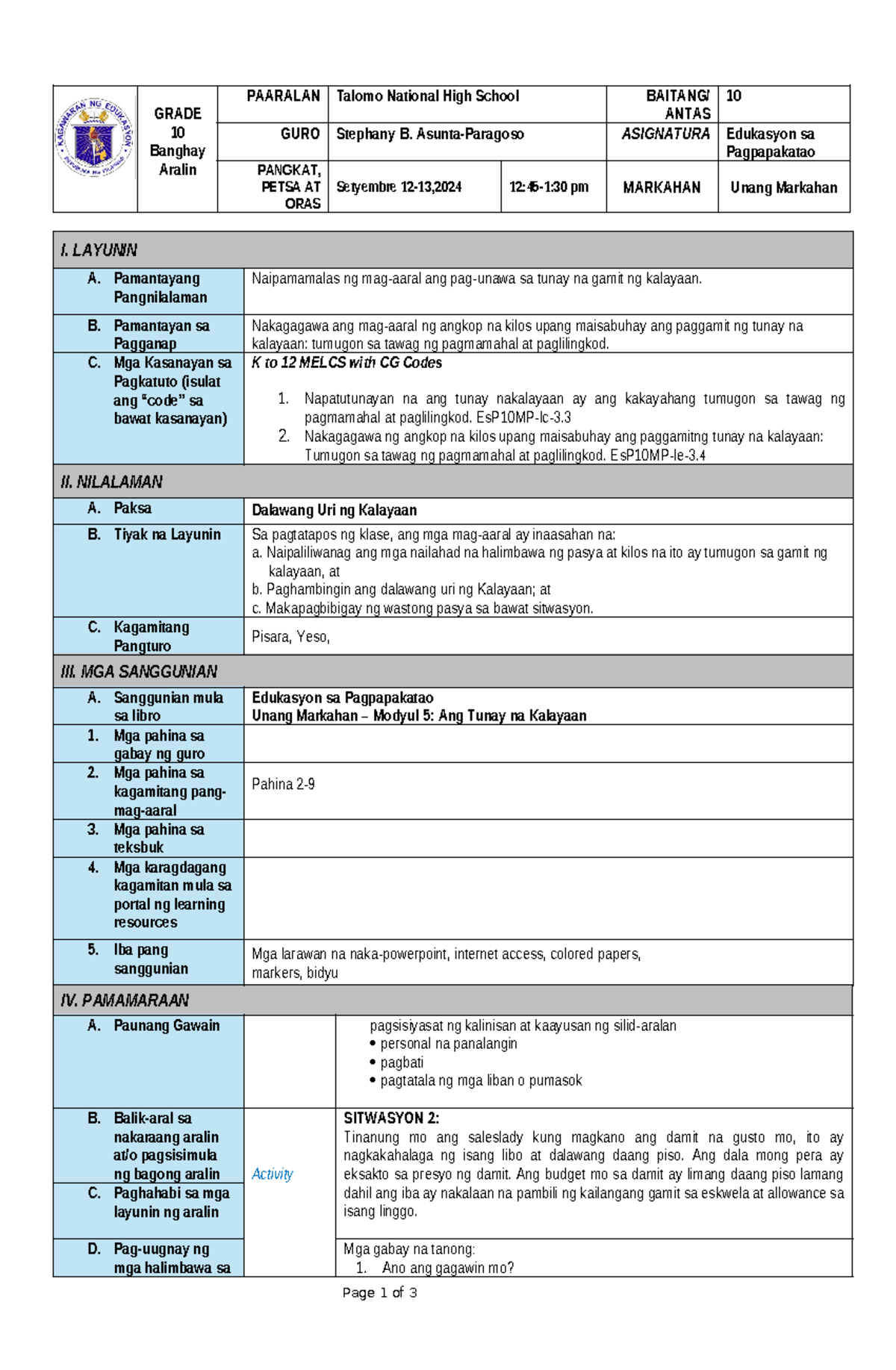 Lesson Plan For Esp 10 Q1 M7 Understanding True Freedom Studocu