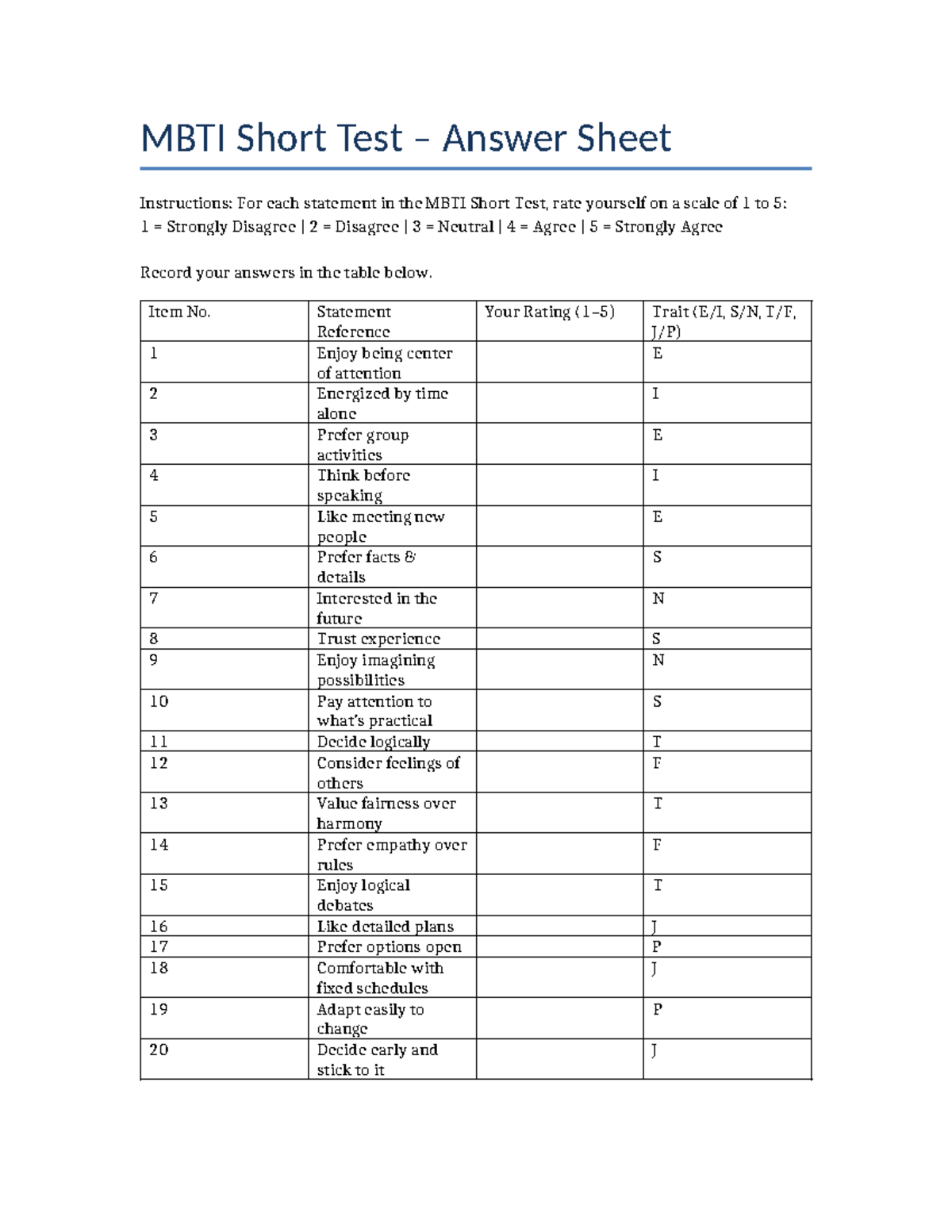 MBTI Short Test Answer Sheet Instructions & Rating Guide - Studocu