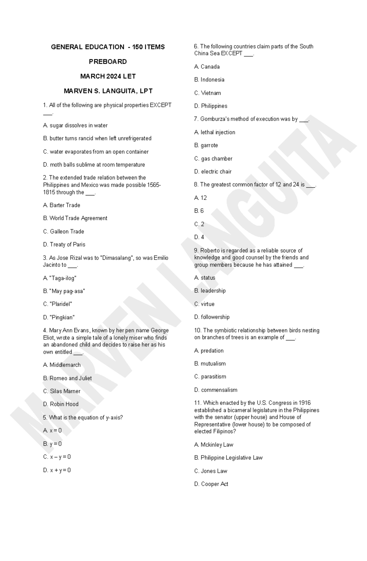 General Education Preboard Exam Review - March 2024 LET - Studocu