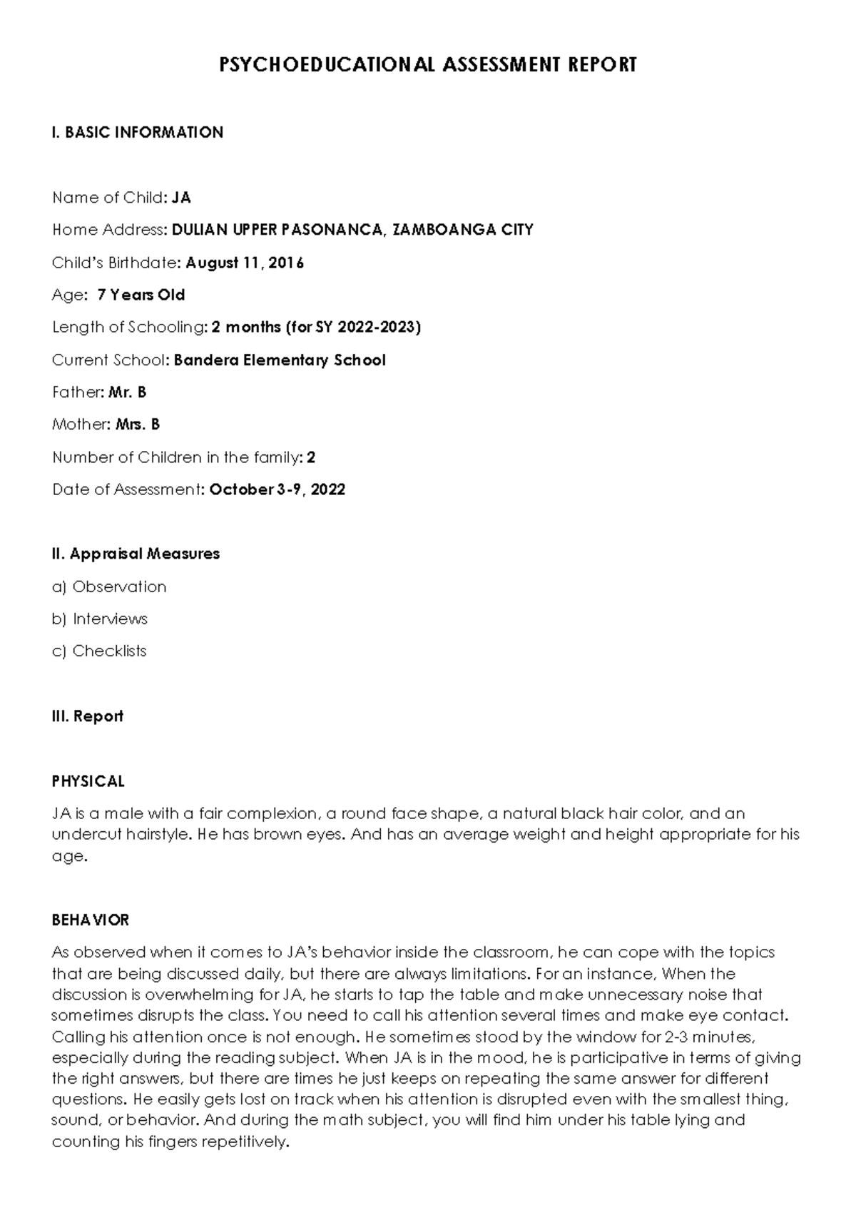 Psychoeducational Assessment Report: JA (Autism) Evaluation - Studocu