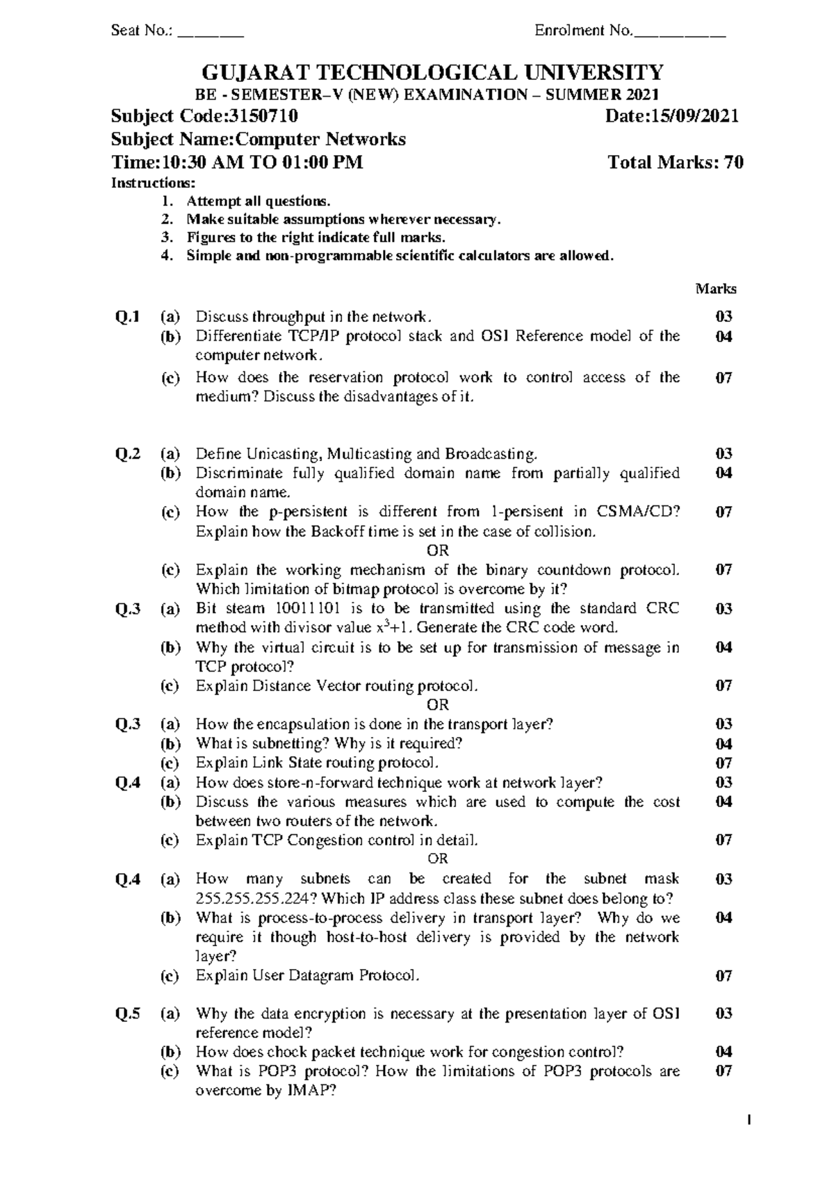 3150710 BE Summer 2021 Computer Networks Exam Paper - Studocu